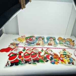 13 Vtg 90s Color Cling Thin Hard Plastic Christmas Santa Snowman Angel Decor REA